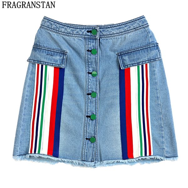 

2018 women summer new personality mini denim skirt female casual loose slim plus size button stitching stripe a-line skirt ly523, Black