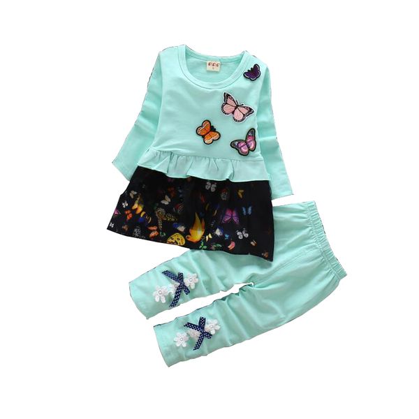 

2018 spring autumn baby girls cotton girls sweet butterfly two piece long sleeve print set, White