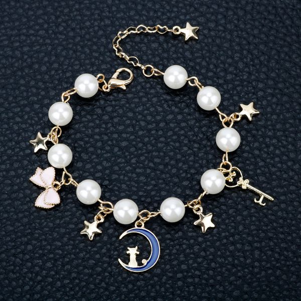 

mqchun jewelry sailor moon charm bracelet cardcaptor sakura cute cat moon star crystal imitation pearl bangle bracelet wristlet, Black