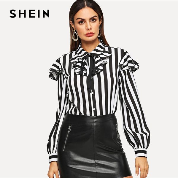 

shein black and white layered ruffle trim shirt tie neck button long sleeve striped blouse women elegant workwear autumn shirts