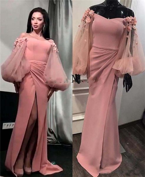 

Sexy Mermaid Arabic Evening Dresses 2018 Off Shoulder Puff Long Sleeves Plus Size 3D Floral High Split African Yousef Aljasmi Prom Dress