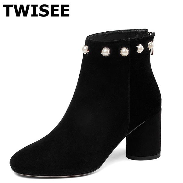 

women mid calf boots pumps selling sapatos femininos autumn round heels woman casual shoes metal decoration, Black