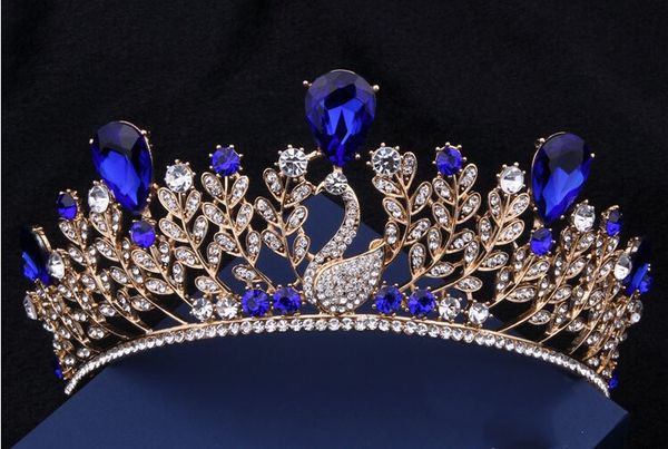 Barroco pavão grande coroa cabelo de alta qualidade retrô Bridal Headpieces diamante azul vestido de noiva acessórios acessórios