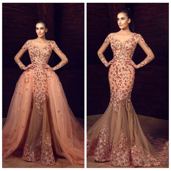 

2021 beautiful floral applique celebrity dresses sheer long sleeves beaded mermaid red carpet prom dress tulle detachable train, Black;red