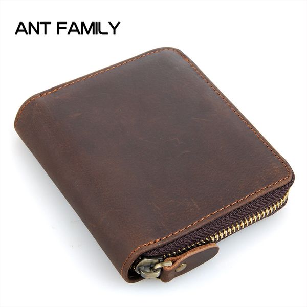 

genuine crazy horse leather men wallets 2018 short vintage zipper small wallet male mini coin purse cowhide leather wallet, Red;black
