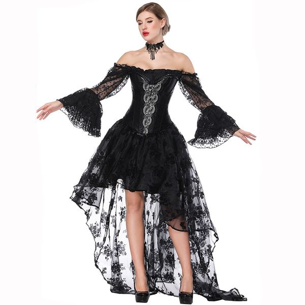 

corzzet victorian black corset and skirts bustiers vintage gothic costume bulresque steampunk corsets dress sets, Black;white
