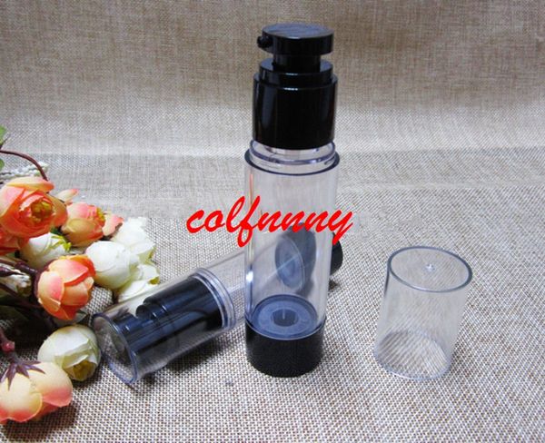 

100pcs/lot fast shipping 30ml 50ml clear vacuum bottle with black pump lid cosmetic lotion airless bottle with black pump