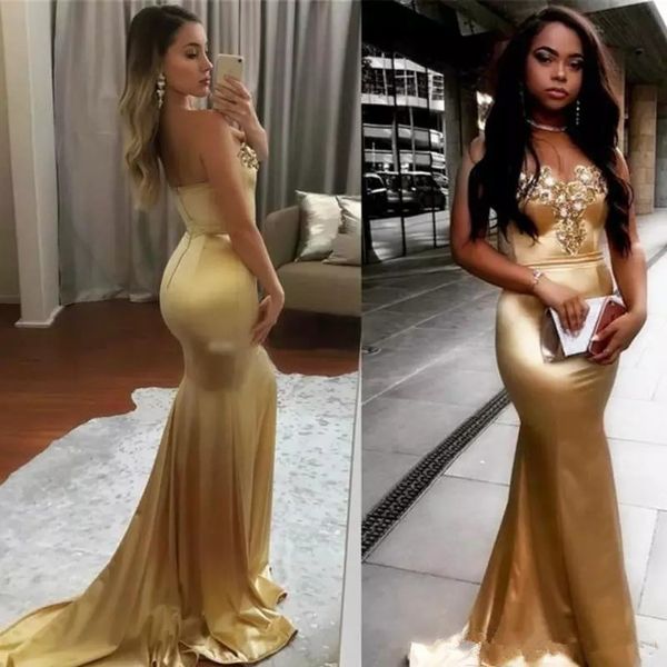 

Sexy Sweetheart Gold Mermaid Prom Dresses 2019 Arabic Dubai Celebrity Dresses Evening Formal Prom Party Gowns Custom Sleeveless Plus Size