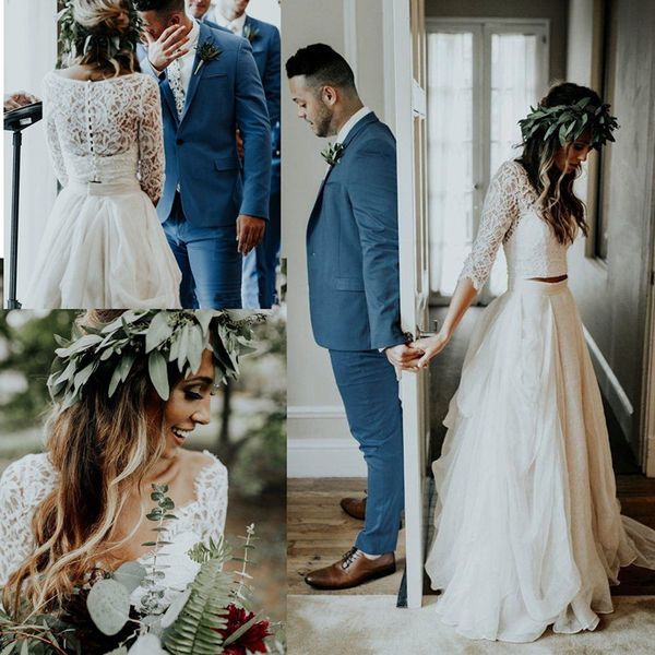 

two pieces beach lace wedding dresses long sleeves aline chiffon boho bridal gowns vestidos de novia custom made cuountry wedding gown, White