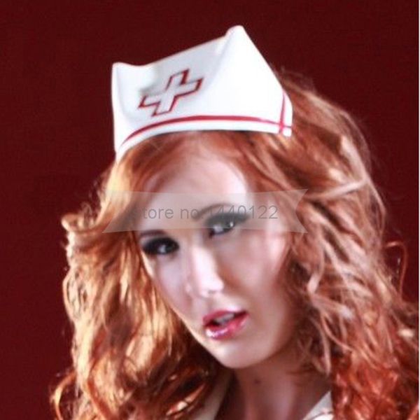 

latex nurse cap rubber headwear white and trims red cosplay hat nrlm183, Silver