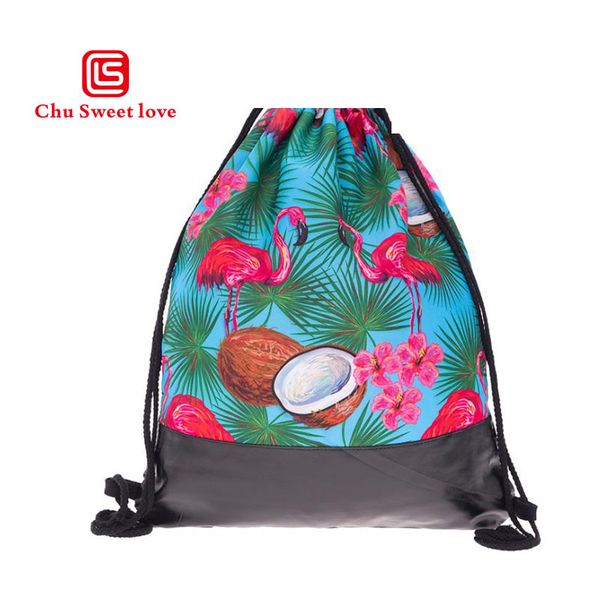

2018 new style 3d printing lovely flamingos women drawstring backpack school drawstring pocket paern women bags