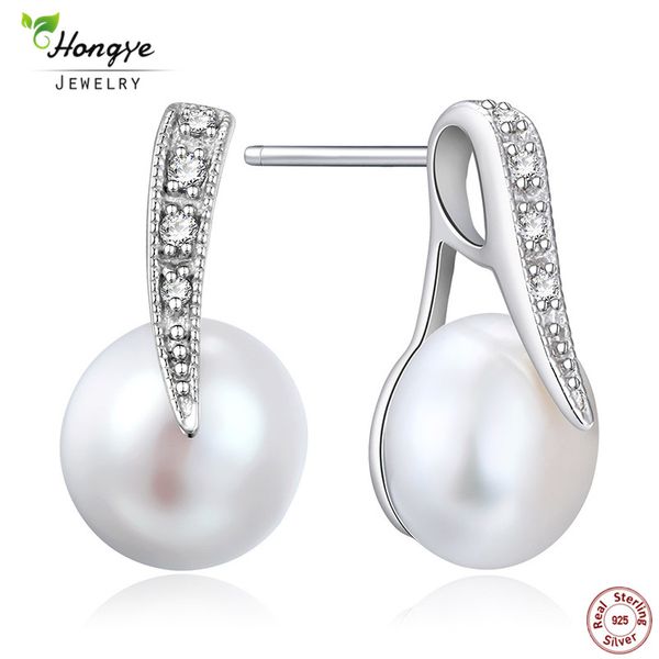 

hongye 100% real natural freshwater pearl stud earring 925 sterling silver unique design shining earring wedding bridal jewelry, Golden;silver
