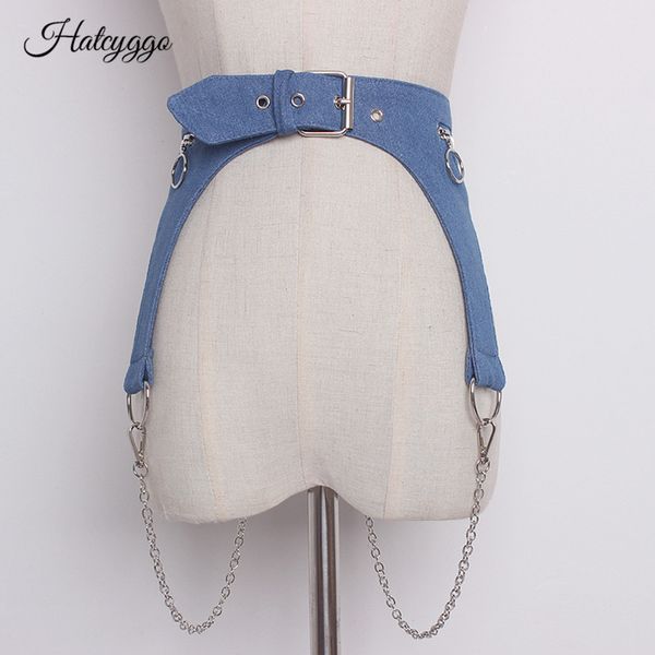 

hatcyggo women denim waist belt corset female cummerbunds metal chain detachable cowboy waistband for dress wide waist band, Black;brown