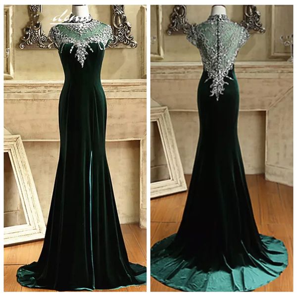 

high neck slim women 2019 mermaid evening dresses short sleeves major beading crystal velvet bling bling special occasion prom gown, Black;red