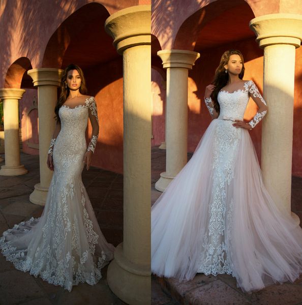 

elegant mermaid lace wedding dresses with detachable train sheer neck long sleeve wedding gowns illusion beach robes de mariÃ©e, White