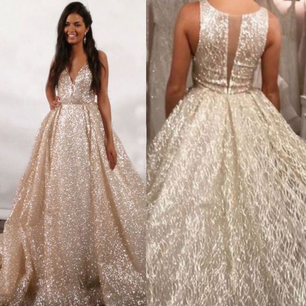 

sparkly wedding dresses bling bling a-line wedding gown v neck sleeveless sequins bridal gowns custom colors 2019 sweep train, White