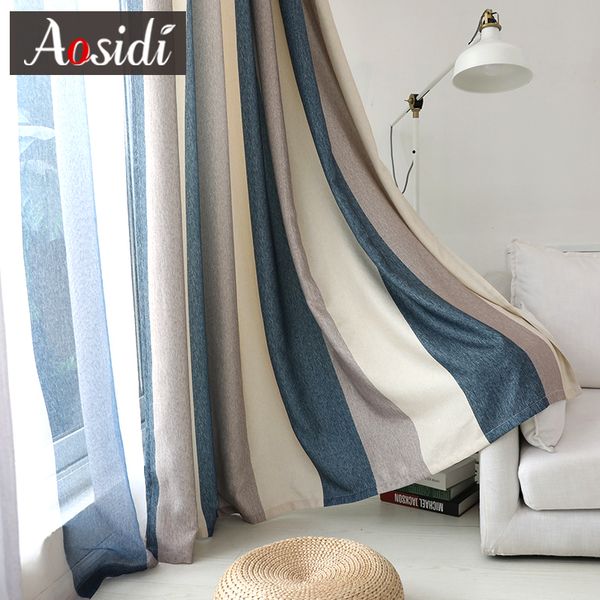 Blue Striped Bluckout Curtains For Living Room Brown Mediterranean