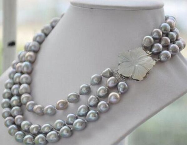 

3strands 10mm nature gray rice freshwater pearl necklace, Silver