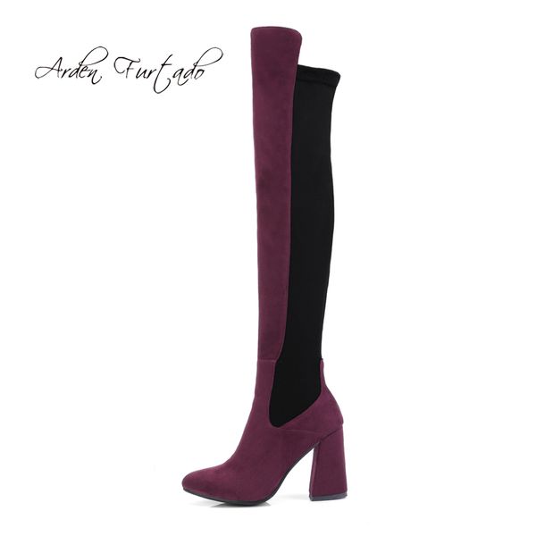 

arden furtado 2018 winter autumn chunky heels 9cm fashion stretch boots burgundy grey pointed toe big size women's shoes ladies, Black