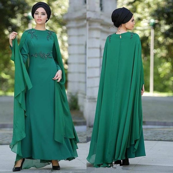 Glamouröses muslimisches langes Ballkleid mit Chiffon-Wickel, luxuriöse Perlen, Juwelenausschnitt, lange Ärmel, Partykleider, Satin, knöchellang, islamische Abendkleider