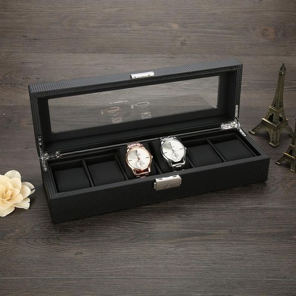 

brand new 6 grids pu carbon fiber leather watch holder wristwatch display case jewelry gift storage box, Black;blue