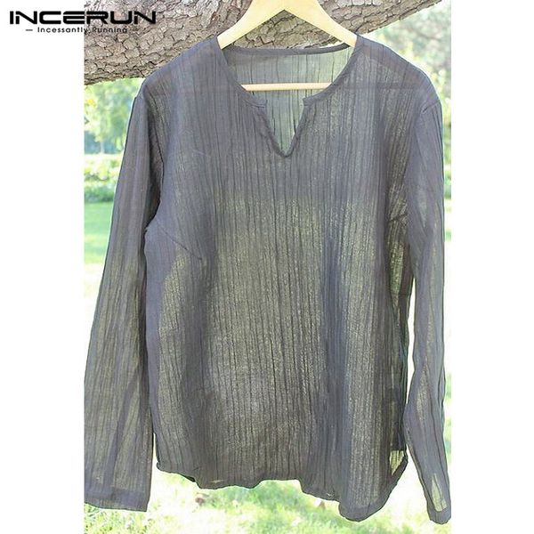 

incerun plus size chinese style men's shirt long sleeve v-neck casual camisa solid baggy vintage men shirts 2018 autumn 5xl, White;black