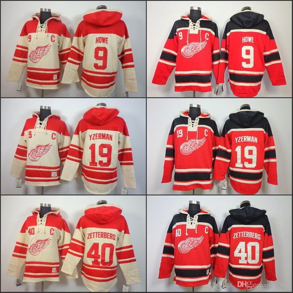 

mens detroit red wings hoodie 19 steve yzerman 40 henrik zetterber 9 gordie howe old time ice hockey jersey hoodies sweatshirt stiched s-3xl, Black;red