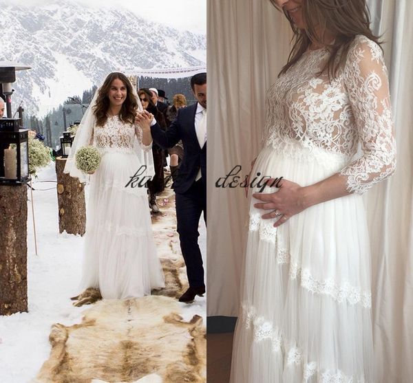 

2018 lihi hod maternity wedding dresses lace applique tulle sweep train 3/4 long sleeve bridal dress for pregnant woman plus size gowns, White