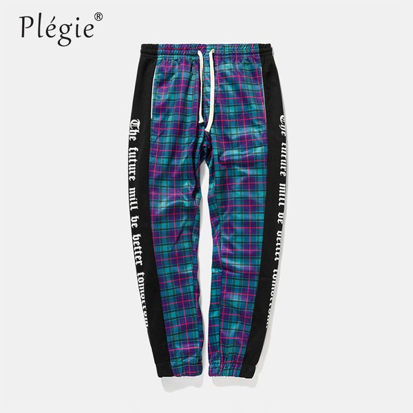 

plegie hi-street new 2018 autumn sweatpants men casual pants drawstring waist skinny pants patchwork plaid trousers, Black