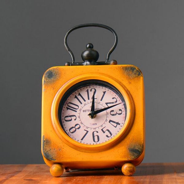 

retro shabby yellow color metal clock home desk table clock ornament decoration