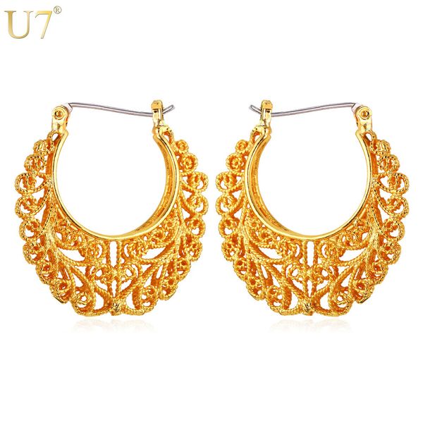 

whole saleu7 vintage hollow earrings gold color fashion chic jewelry party round huggie hoop earrings for women gift sale e360, Golden;silver