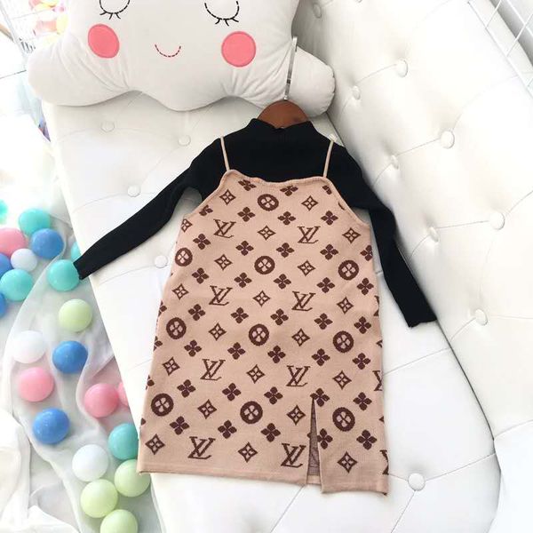 

Luxury Design Kids Dress Set Knitted Letter Printed Braces Skirt Long Sleeve Pullover Sweater Cute Fashion Autumn Dress Kids Clothing Sets