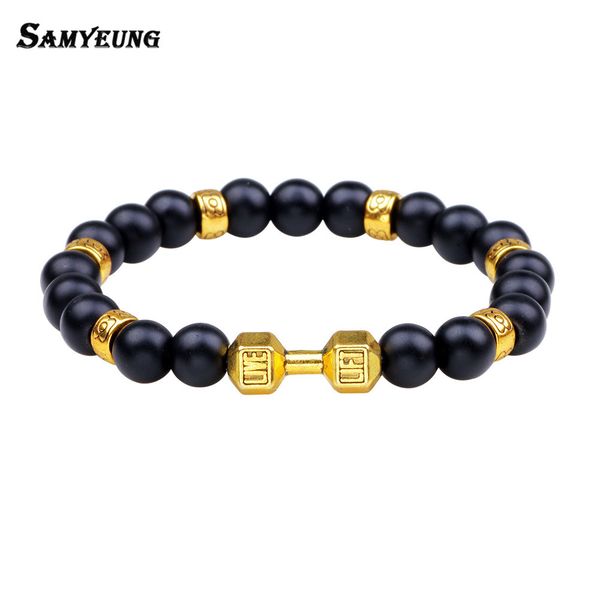 

8mm lava stone bracelets for men women chakra balance beads bracelet gold dumbbell bangles braclet male turkish boho jewelry, Black