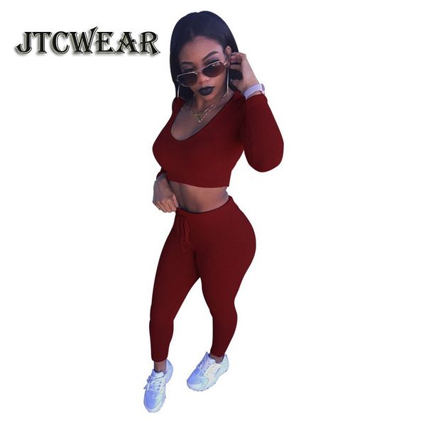

u neck long sleeve hoodie crop suits ribbed women 2 pieces set tight long pants party club workout lady hooded suit 999, White