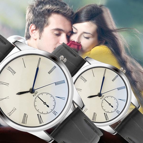 

2018 fashion women mens watch analog casual black leather strap couple watches 10.3, Slivery;brown
