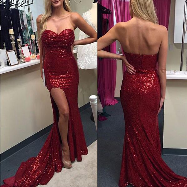 

spark red prom gown full sequined sweetheart pleat neck leg slit long formal party dresses evening holiday country fishtail train, Black;red