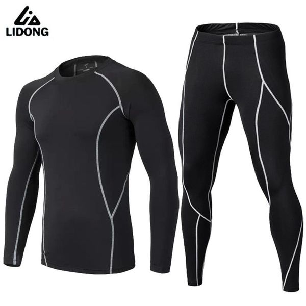 

wholesale-men compression running sports set soccer basketball leggings tights suits fitness yoga joggers long sleeved shirt+pants sets, Black;blue