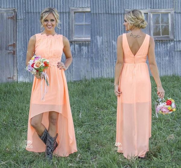 

2019 New Cheap Country Bridesmaid Dresses Backless High Low Chiffon Coral Mint Green Formal Maid Of Honor Dress For Wedding Party Prom