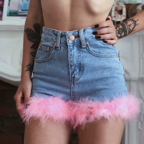 

2018 new women pink turkey feather jeans slim vintage shorts feathers casual high waist denim shorts, Blue