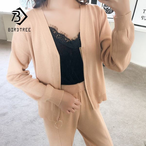 

new women 2 piece set elegant knitted sporting patchwork casual o-neck short jacket elastic waist pants warm suits s87003f, Gray