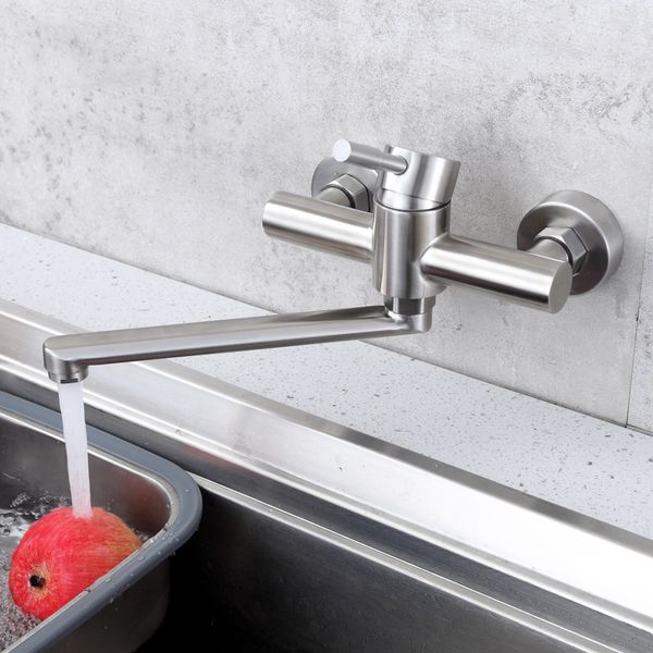 

Wall mounted lengthen kitchen sink mixer long style rotate kitchen faucet stainless steel brushed hot & cold mixer water tap