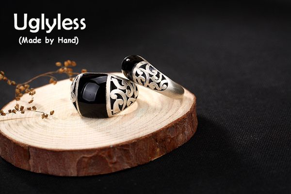 

uglyless real s 925 sterling silver natural black chalcedony rings lovers vintage ring handmade hollow jewelry men women bijoux, Golden;silver