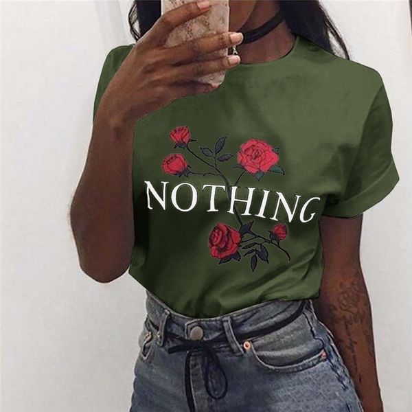 

size xs-2xl women fashion rose print letter nothing embroidery short sleeve o neck t shirt female, White