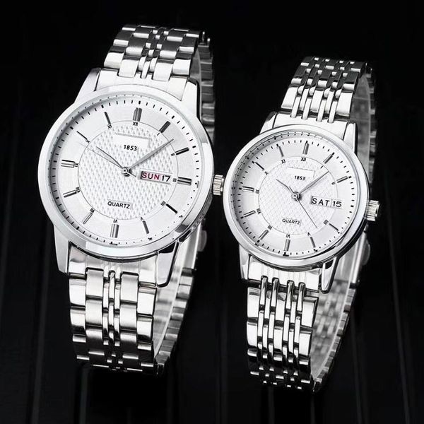 

couple men women watches fashion lovers' luxury watch stainless steel band day-date quartz wristwatches for mens ladies valentine', Slivery;brown