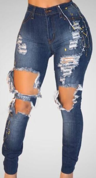 

women pencil casual denim skinny jeans pants high waist slim distressed knee hole ripped blue jeans trousers