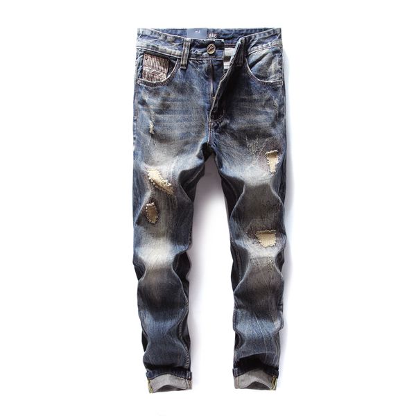 

original new fashion men jeans brand straight fit ripped jeans italian designer distressed denim homme704-3, Blue