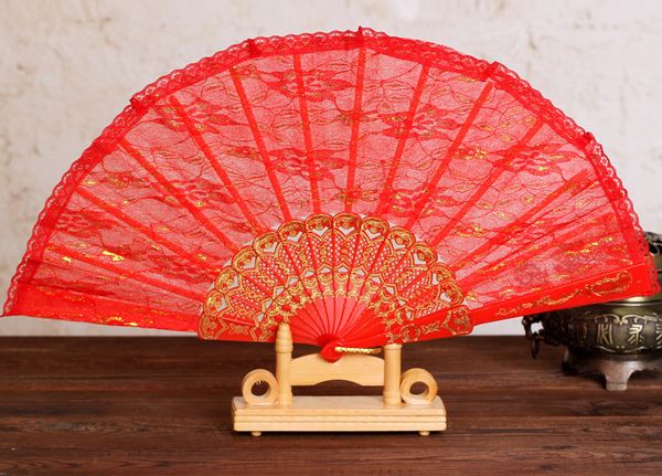 Engrossar com fã de laço de ouro artesanato vintage dobrável mão ventilador mulheres chinês fãs de seda para dançar 10 pçs / lote