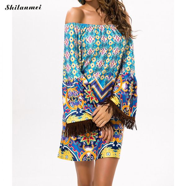 

off shlouder boho beach dresses for women flare sleeve tassel loose style floral print nimi dress 2018 new summer vestidos xxxl, White;black