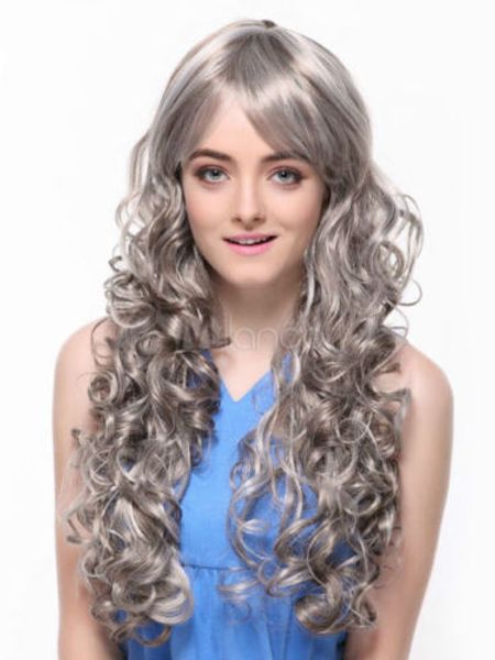 

cool gray long wavy curly women's wig cosplay wig hair, Black