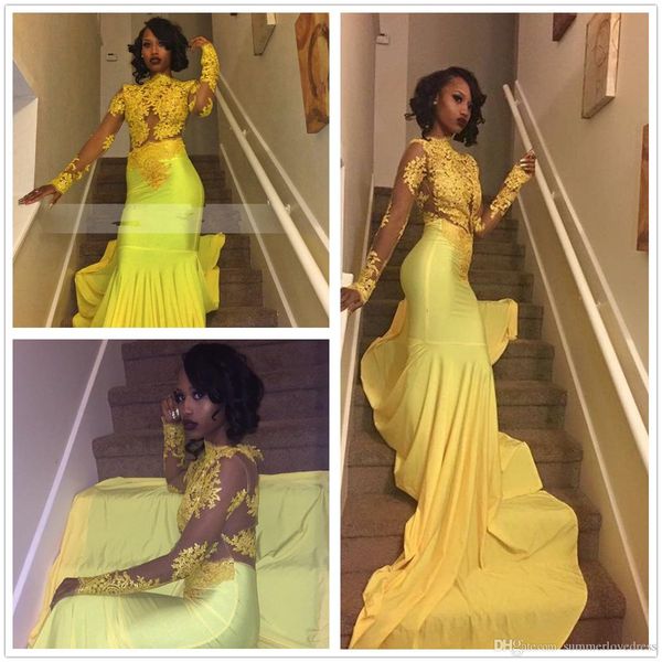 

chiffon high neck lace appliqued trial mermaid yellow evening gown africa formal dresses vestido de fiesta largos de noche elegante, Black;red